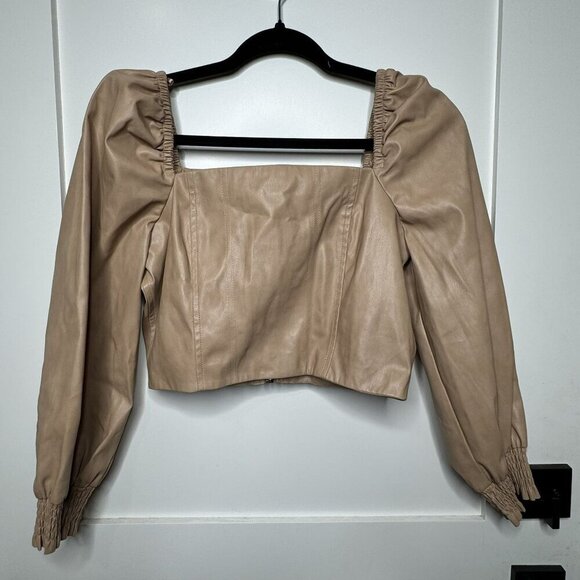 7 For All Mankind Faux Leather Puff Sleeve Square Neckline Smocked Back Medium M - Picture 1 of 7
